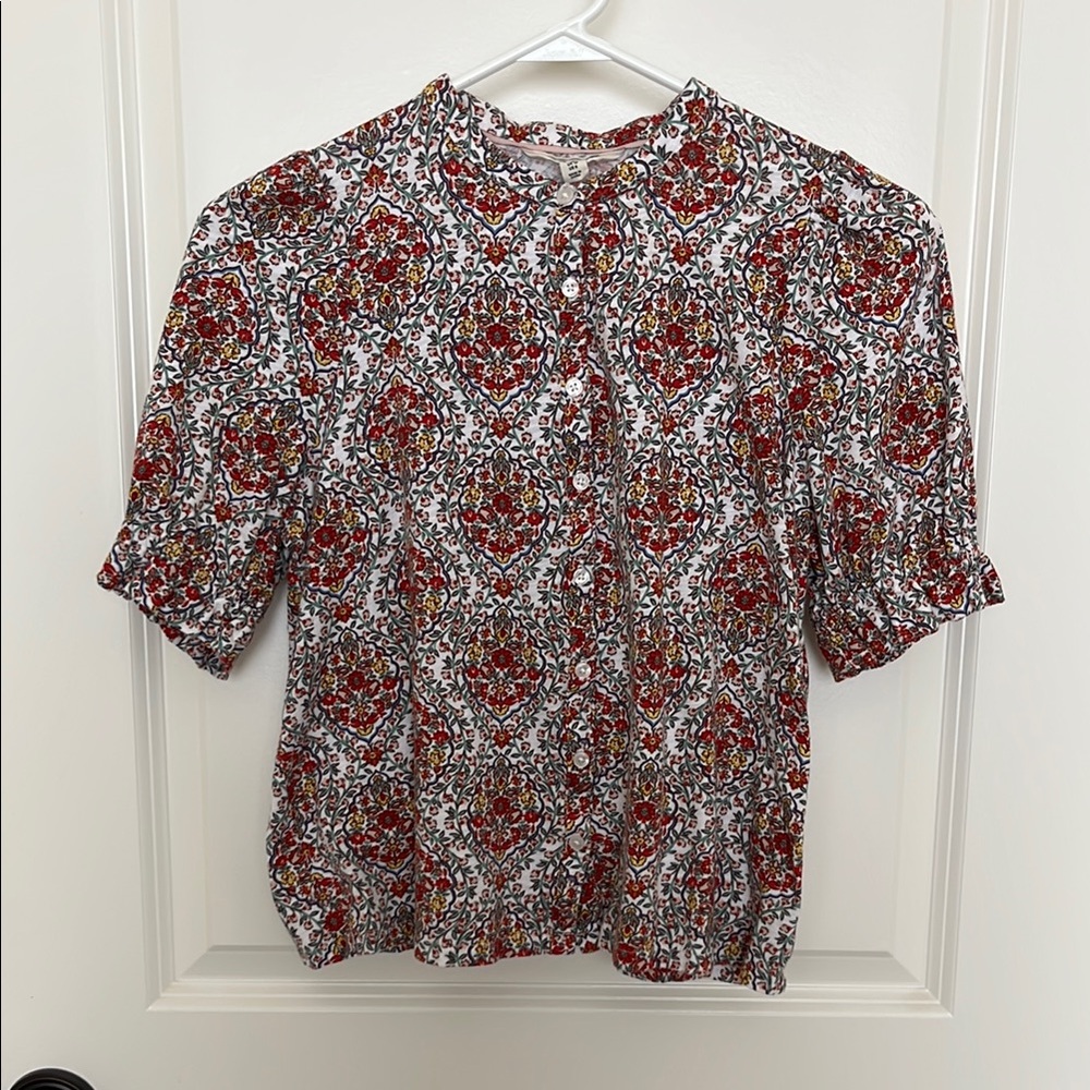 Boden Red and Black Floral Short Sleeve Top